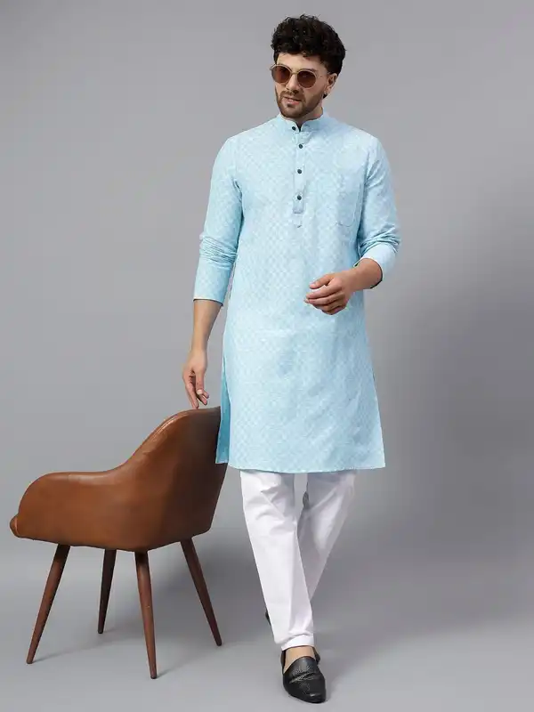Kurta Uomo in Cotone Azzurro con Motivo Checked e Pajama