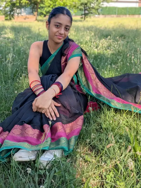 Saree in Puro Cotone Mulcotton – Nero | Onam Collection 2026