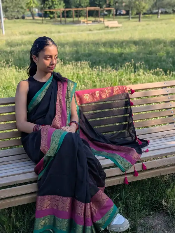 Saree in Puro Cotone Mulcotton – Nero | Onam Collection 2026