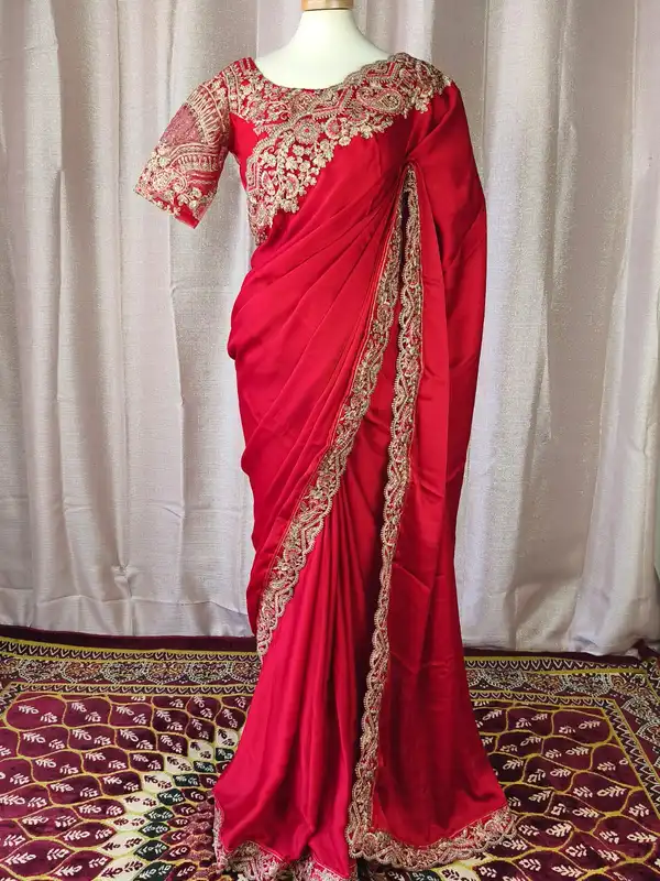 Collezione Luxury Sari – Pure Satin Seta Rosso & Ricamo Camicetta pronta - immagine 2
