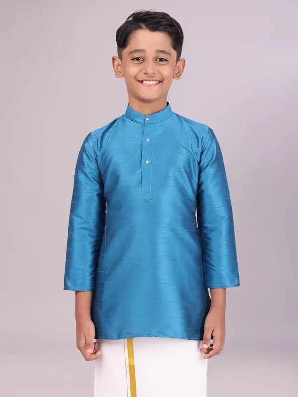Kurta Bambino Blu in Dupion Satin – Manica Lunga