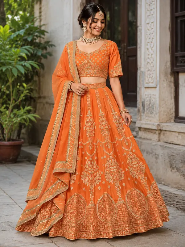 Peach Faux Georgette Lehenga Choli con Ricami in Filo e Paillettes