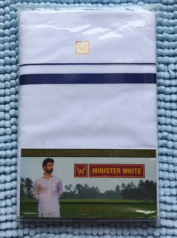 Dhoti Uomo Bianco in Puro Cotone Monostrato con Ampio Bordo Blu Navy