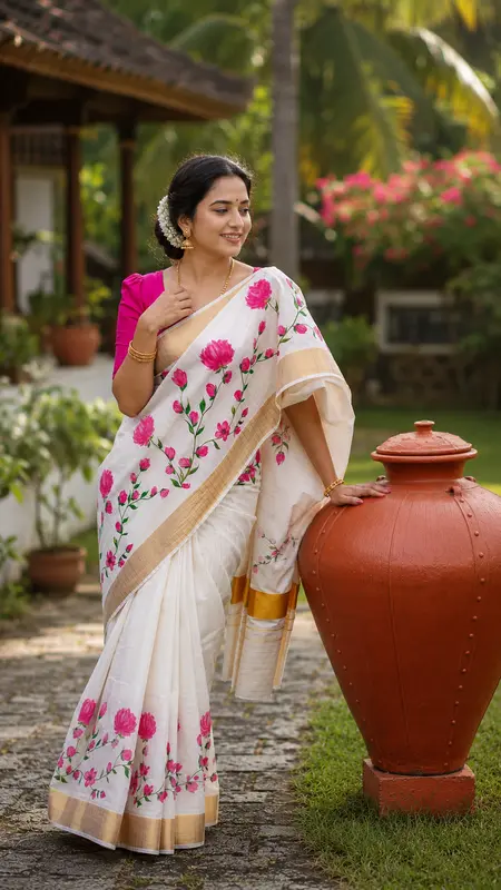 Cotton Kerala Saree con Stampa Floreale a Loto | Collezione Onam 2026
