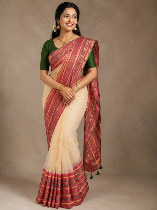 Saree Kerala in Mul Cotton Rosa Sandalo con Elegante Bordo Rosa e Verde Oliva in Zari Dorato